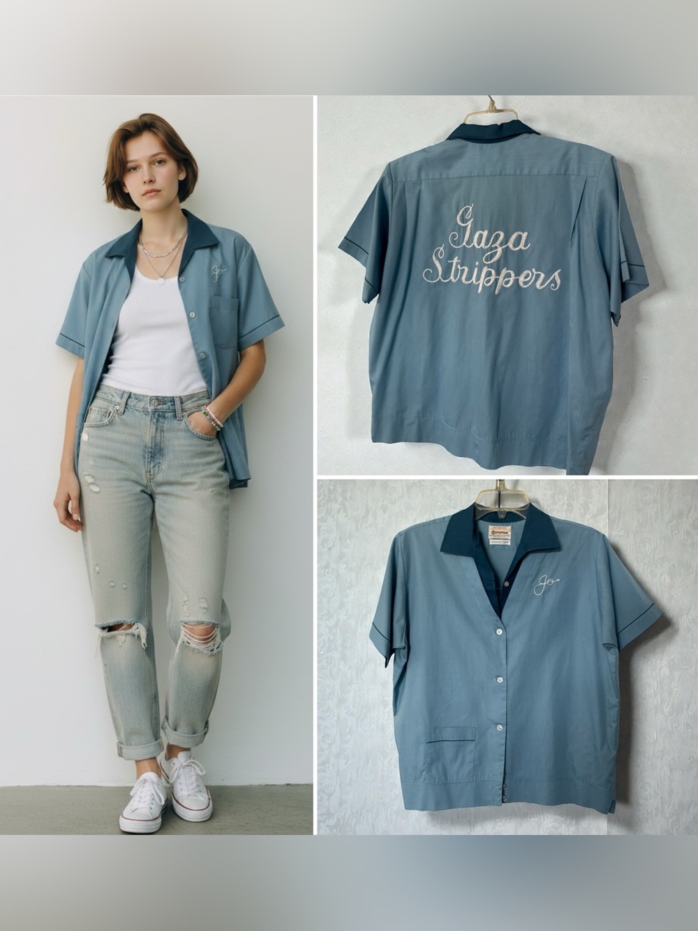 Vtg 50s 60s USA Olympian Lady Belmont Bowling Shirt Two Tone Chain Stitch L XL